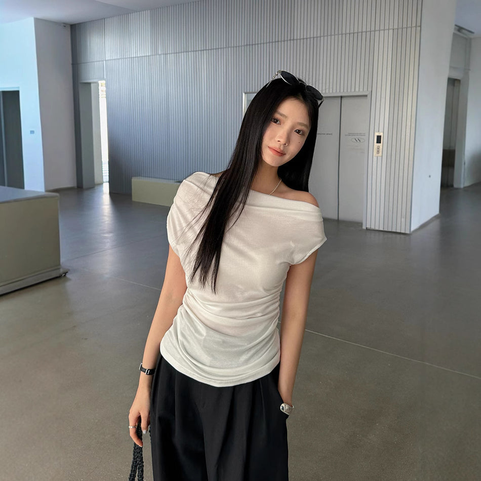 Tencel Swing Collar Tee – One-Shoulder Korean Chic