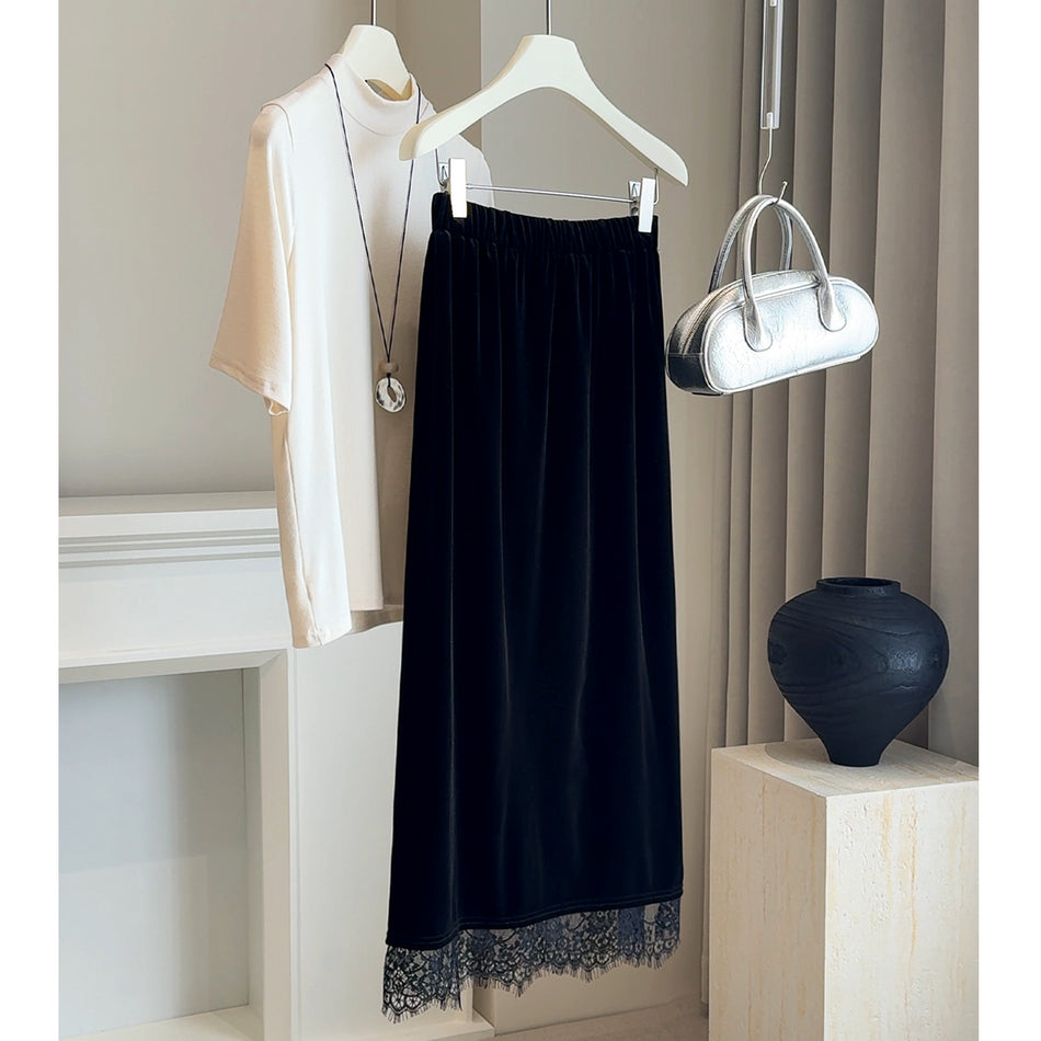 Velvet Lace Slit Midi Skirt High Waist Autumn Winter