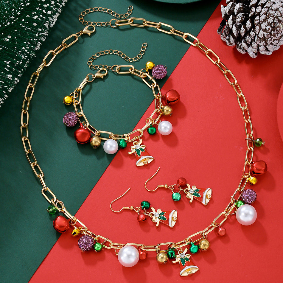 Christmas Bell Jewelry Set – Pearl Earrings, Bracelet & Necklace