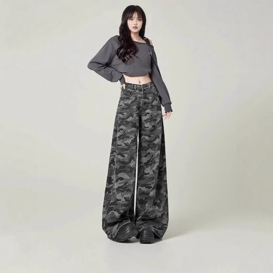 Women’s Camo Wide-Leg Jeans – Retro High Street Style