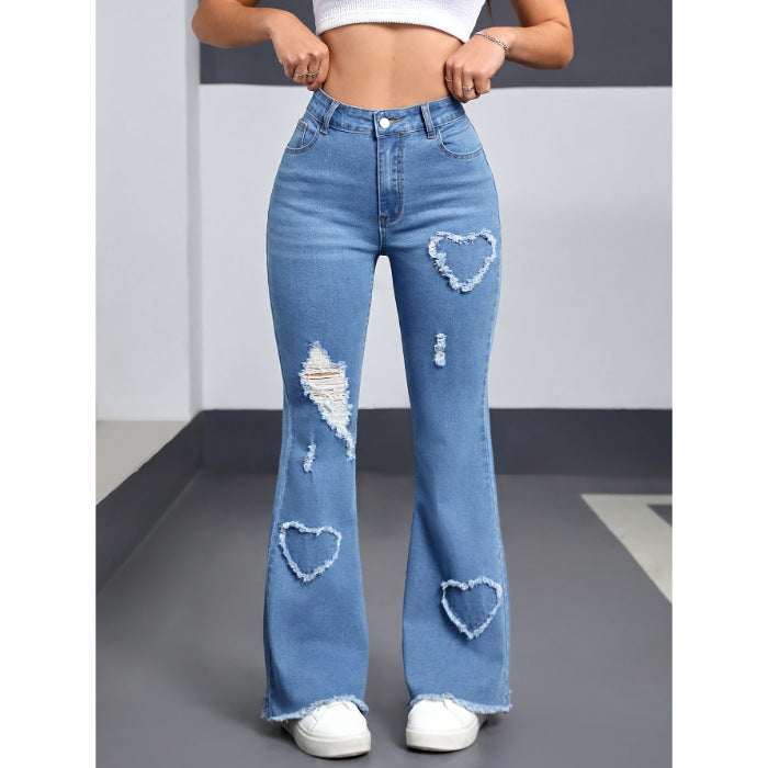Heart-Pattern Ripped Flared Jeans