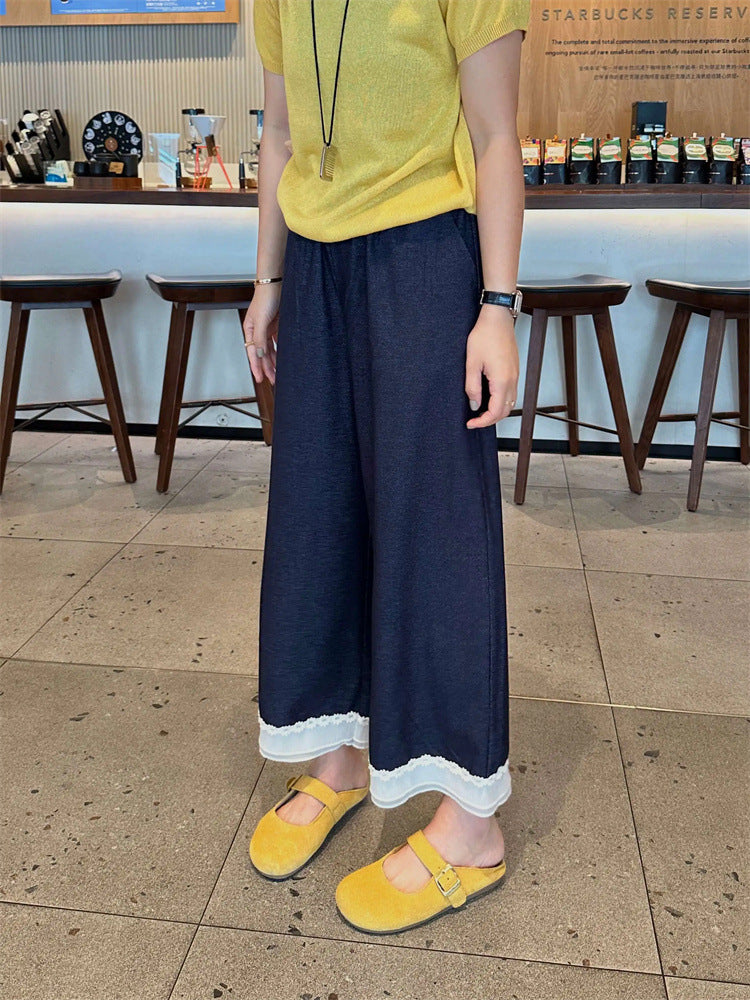 Women’s High-Waisted Retro Lace Soft Denim Wide-Leg Pants
