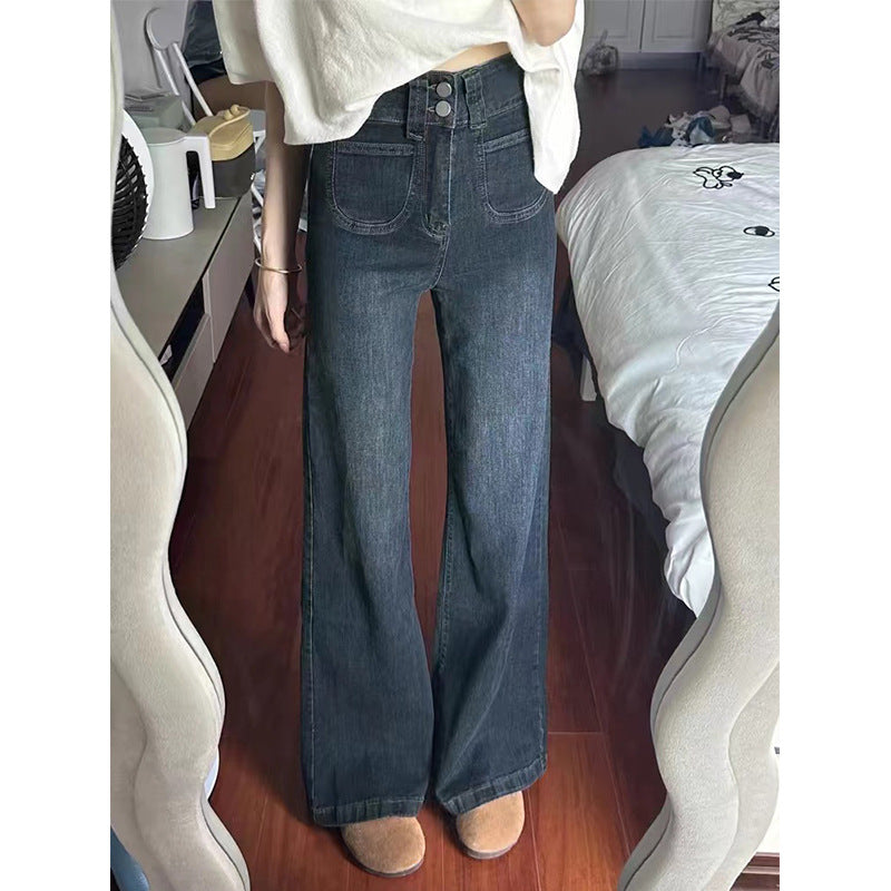 Women Vintage High Waist Fleece Straight Wide Leg Jeans