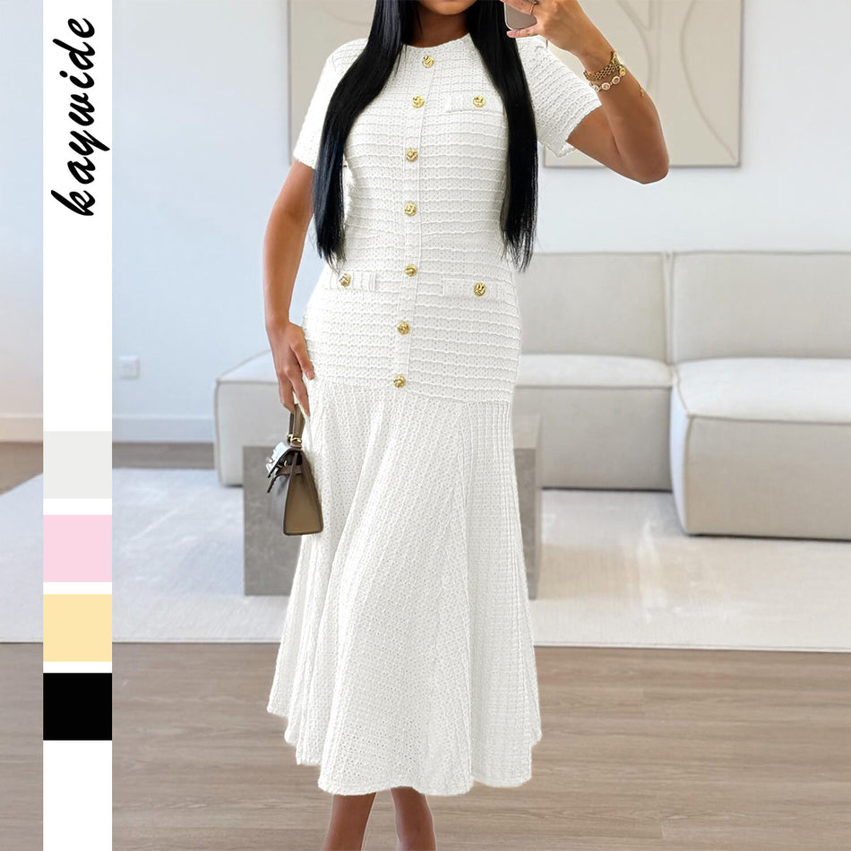 Button Down Short-Sleeved Long Knitted Dress Women