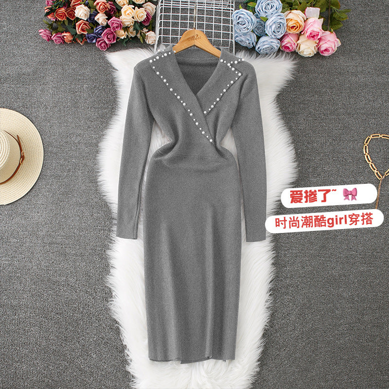 Winter Beaded Suit Collar Knit Dress