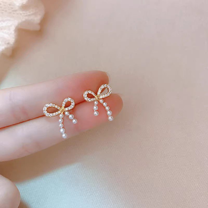 Pearl Bow S925 Silver Pin Earrings