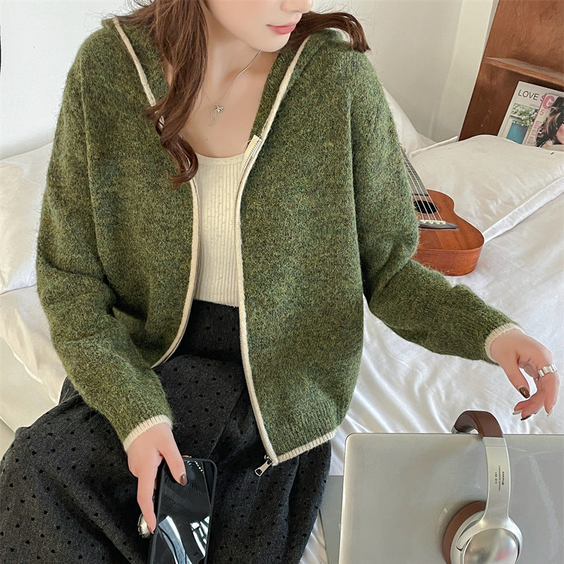 Korean-Style Hooded Zipper Sweater