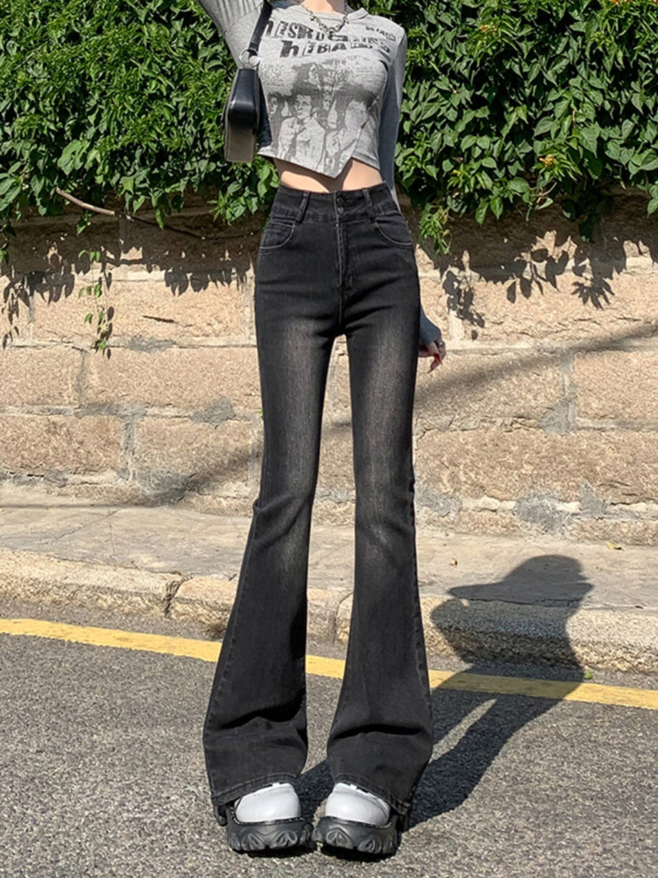 Women High Waist Black Grey Micro Flare Stretch Jeans Retro!