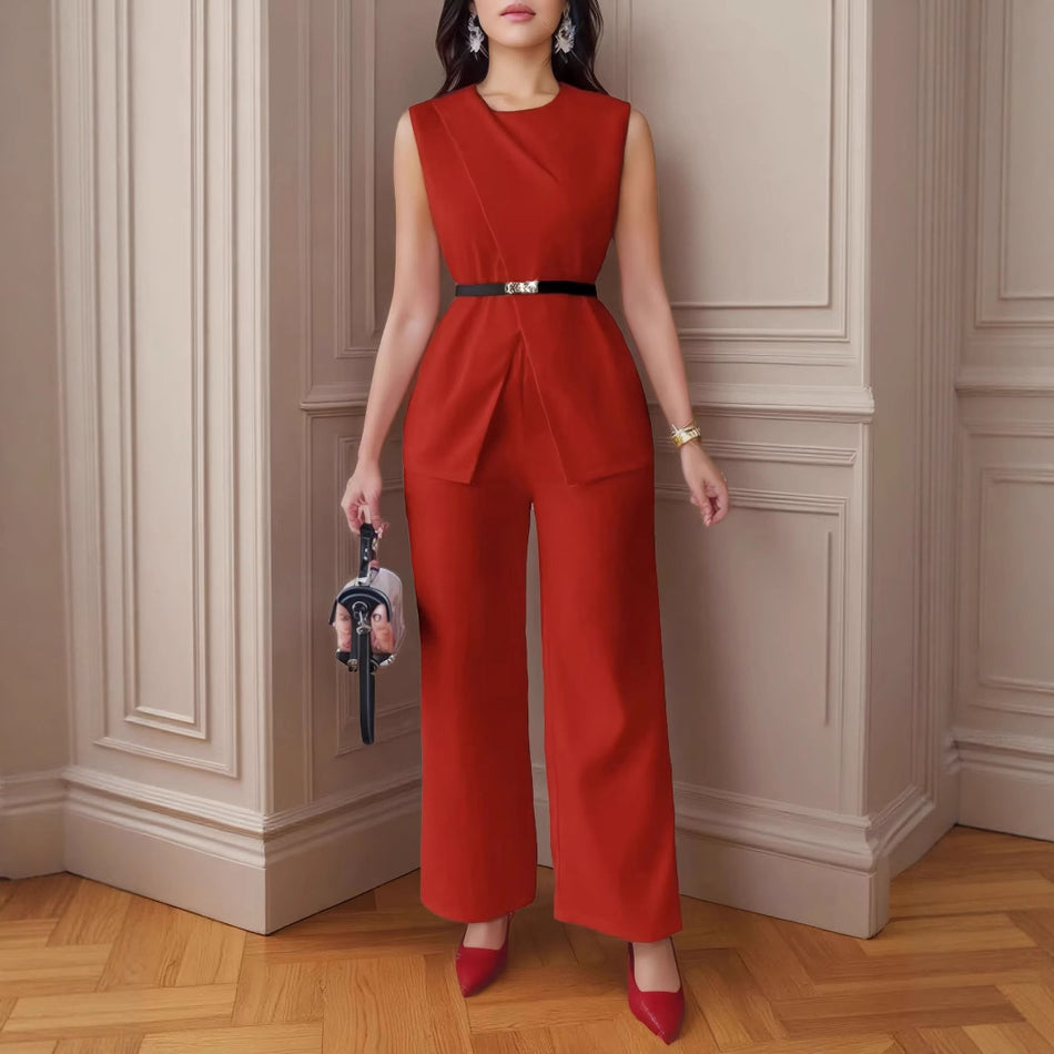 Solid Color Sleeveless Top & Belted Pants Set