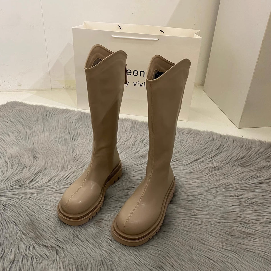 Women’s Long Elastic Boots Square Toe Mid-Calf Heels