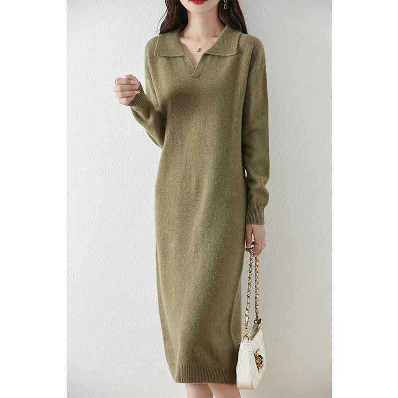 Korean Style Polo Collar Mid-length Knitted Sweater Dress