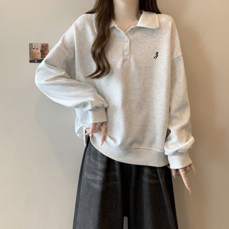 Embroidered Polo Sweatshirt – Loose Korean Jacket