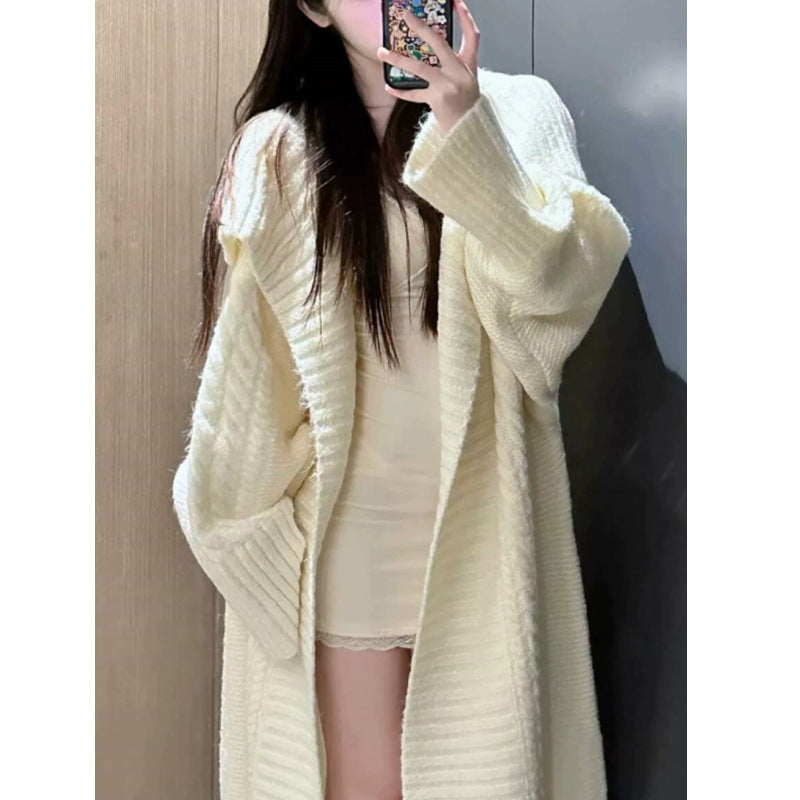 Women’s Knee-Length White Twist Knit Cardigan