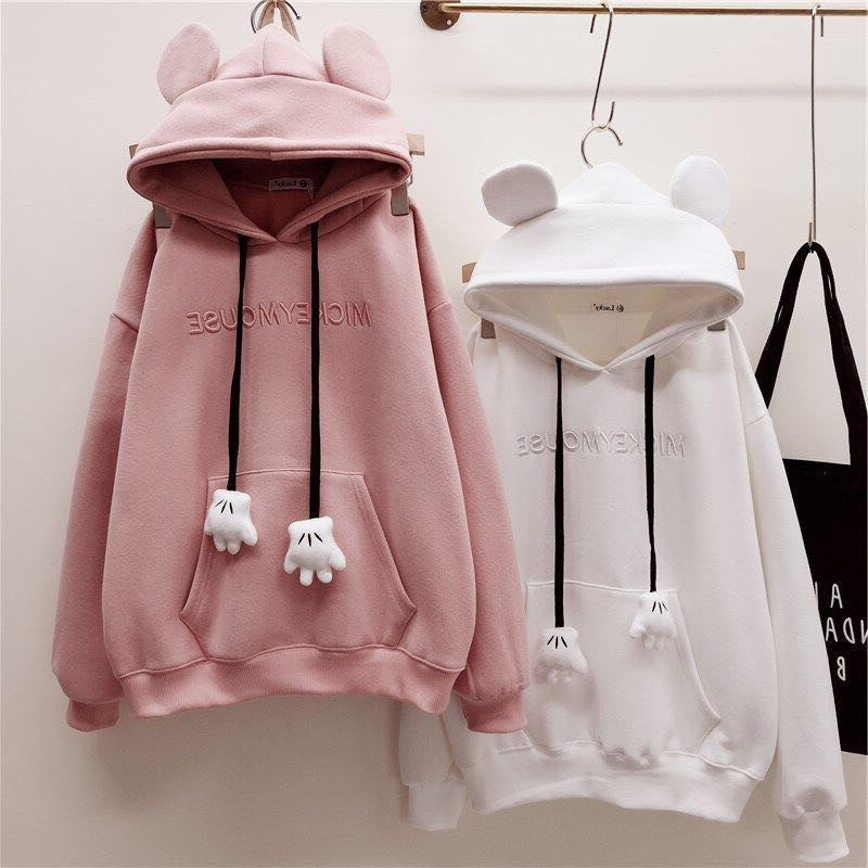 Women’s Loose Fleece-Lined Mickey Embroidered Hoodie