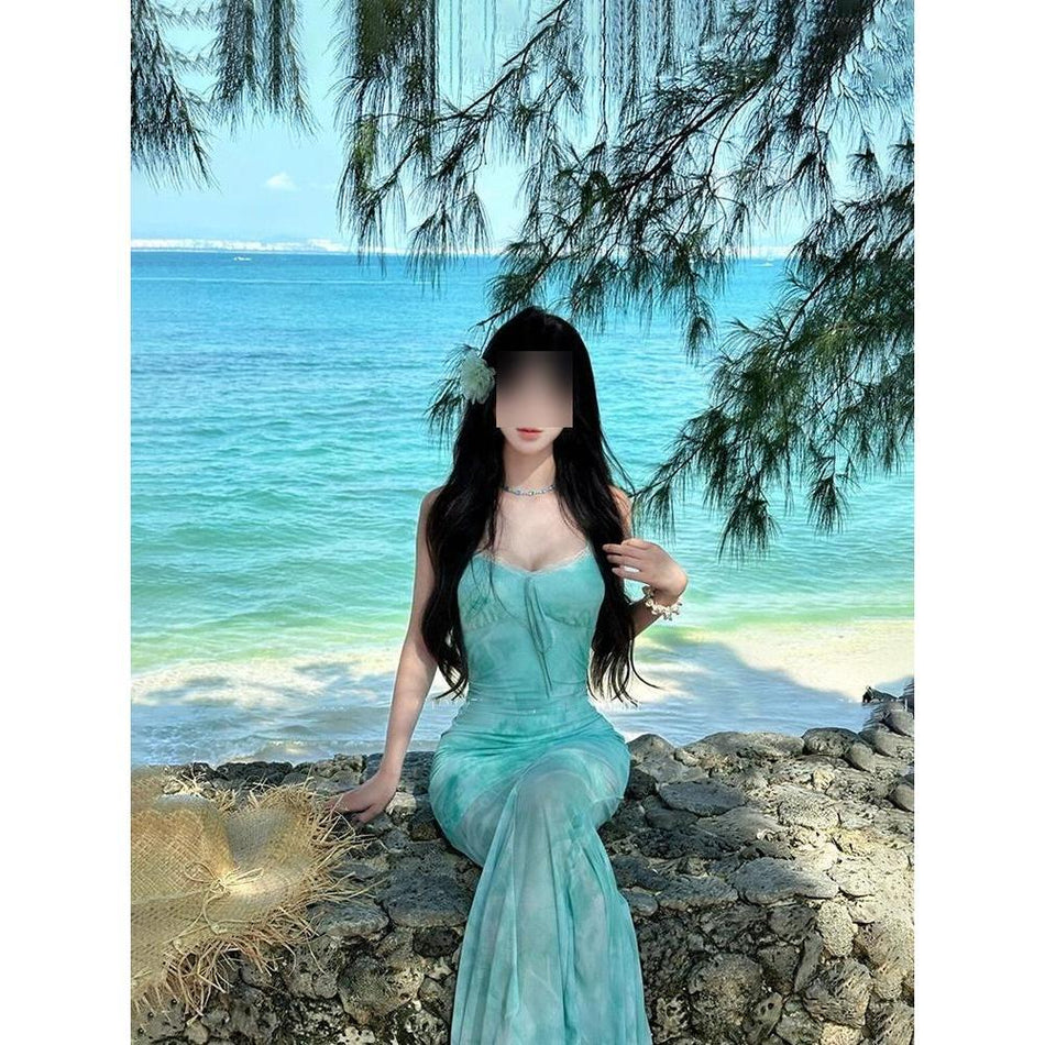 French Green Printed Fishtail Sling Dress