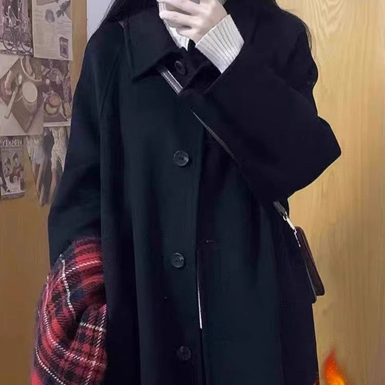 Black Mid-Length Woolen Coat Women’s Hepburn Style