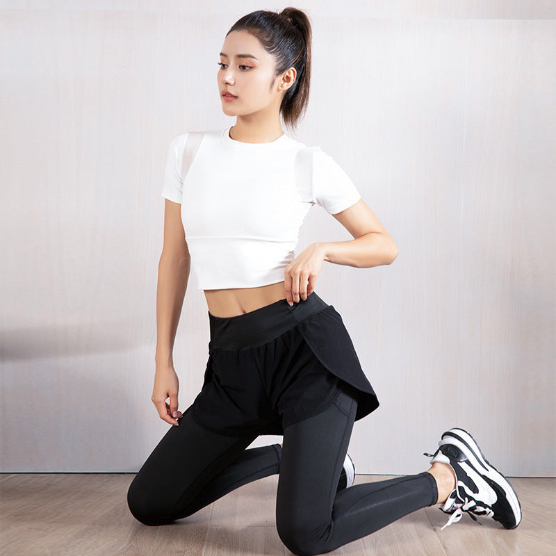 Pocketed Fake Two-Piece Yoga Pants – Hip-Lift Stretch Fit
