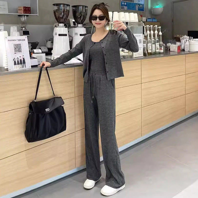 Three-Piece Loose Cardigan Sports Set Women