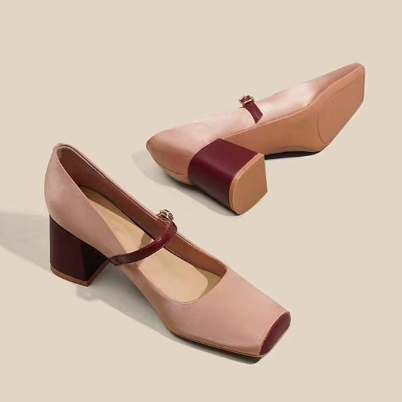 Pink Leather Square-Toe Chunky Heels for Women