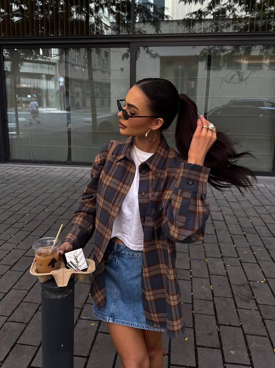 2026 Spring Autumn Women's Plaid Button Flannel Shirt Coat