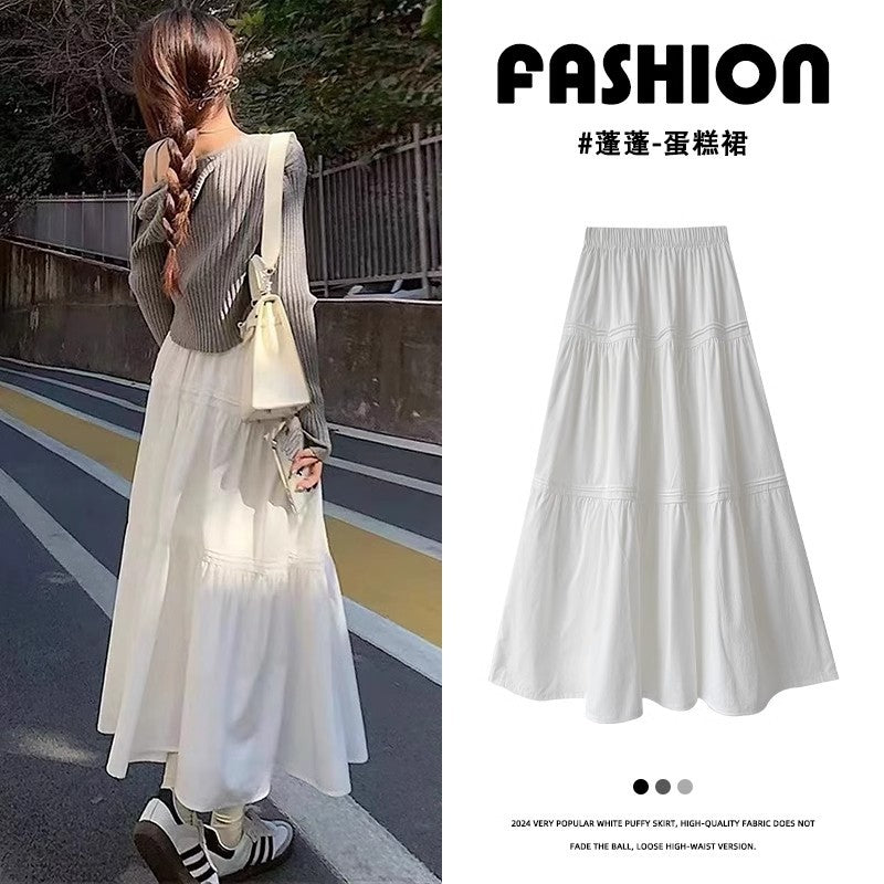 White Puff Cake Skirt – A-Line Mid-Length High Waist