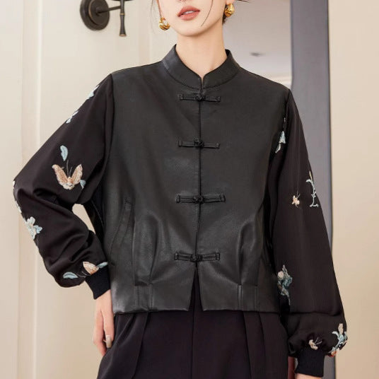 Chinese Style Vintage Stitching Leather Coat