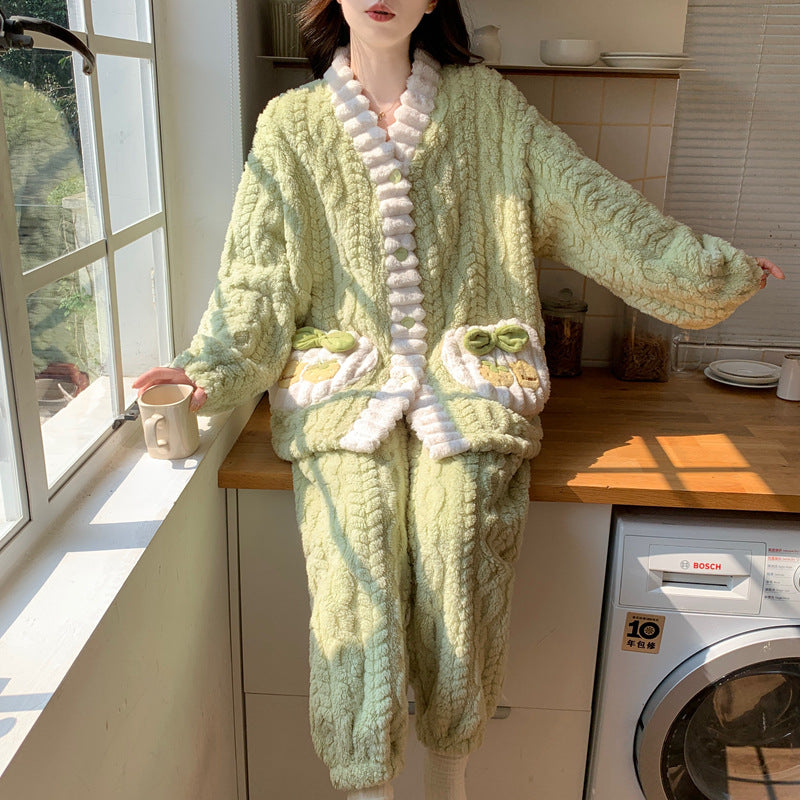 Women’s Coral Fleece Pajamas 2025 Autumn Winter Warm Home Wear Set