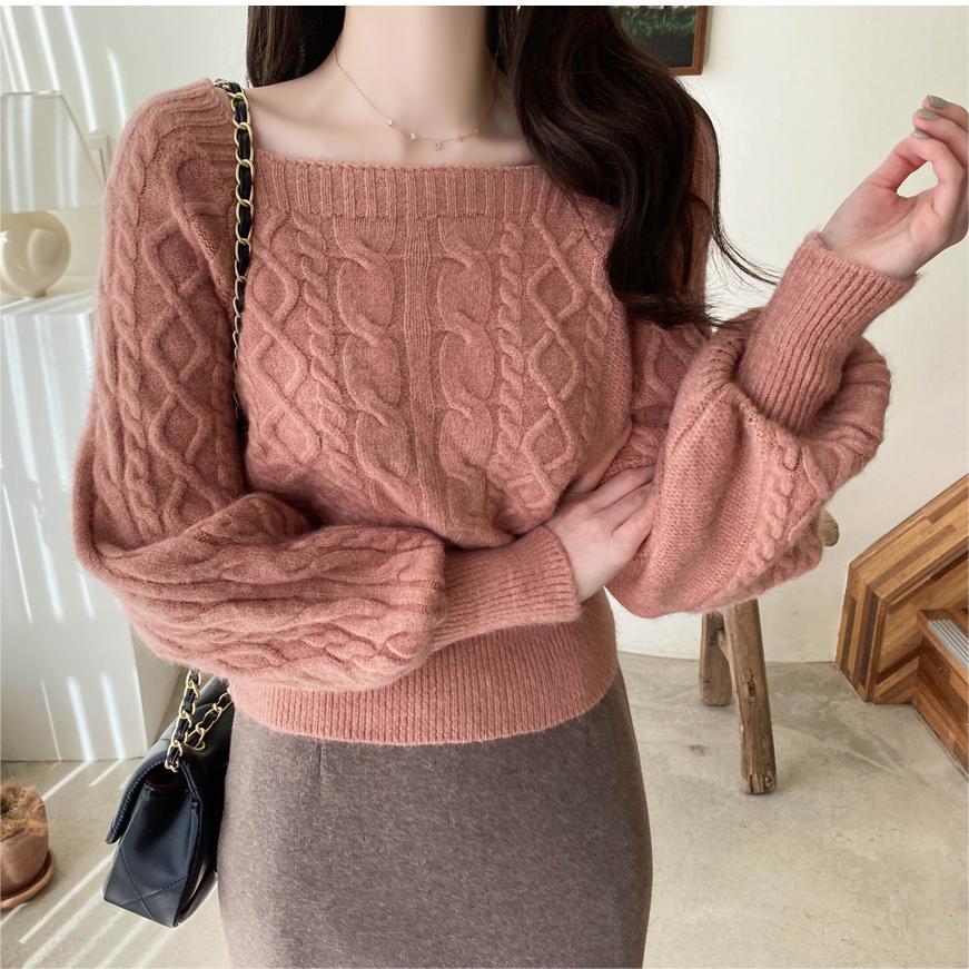Elegant Korean Lantern Sleeve Knit Sweater  for Women