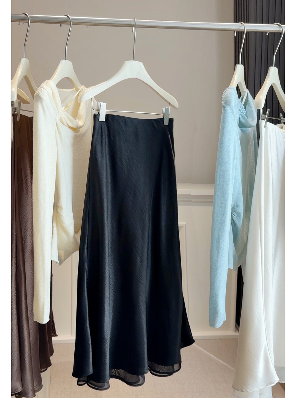 High-Waisted Acetate Satin Fishtail Skirt with Mesh Splicing