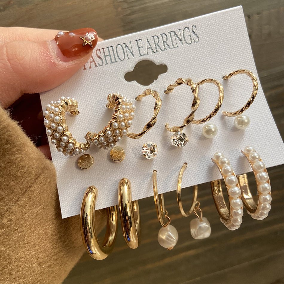 6-Piece Pearl Earring Set | French Retro Gold Earrings