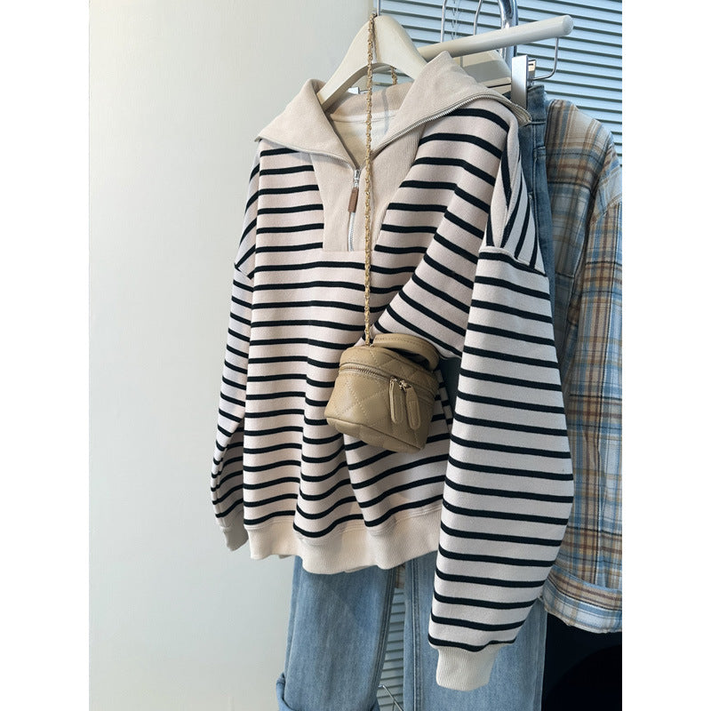 Striped Half-Zip Pullover – Loose Plus Size Sweatshirt