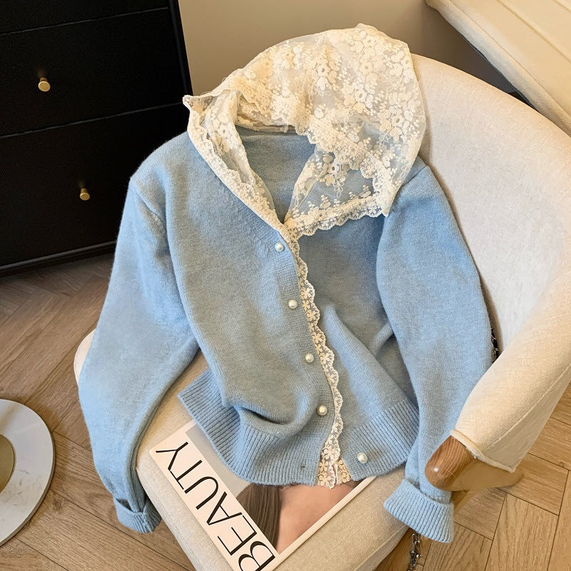 Lace Splicing Hooded Knit Cardigan