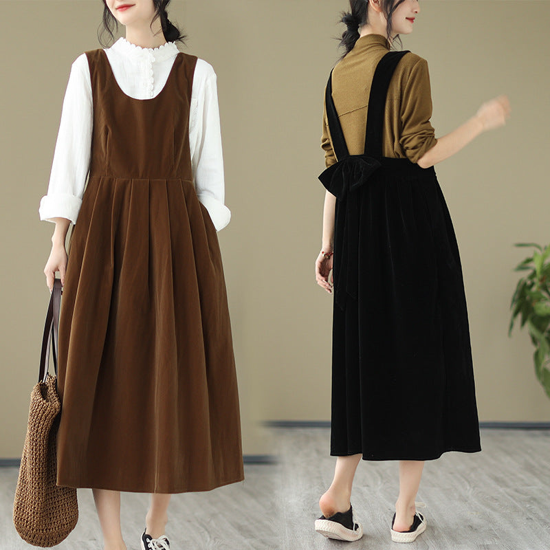 French Velvet Pleated Suspender Dress