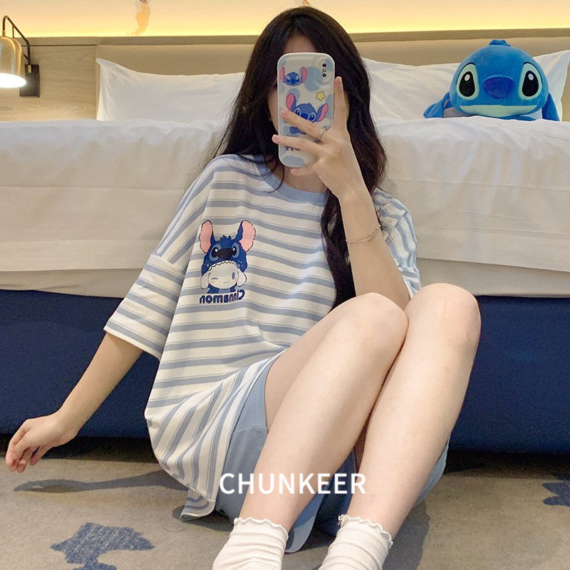 Striped Cartoon Cotton Pajama Set Women