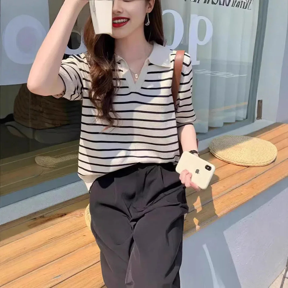 Summer Korean Style Striped Knit Polo Tee