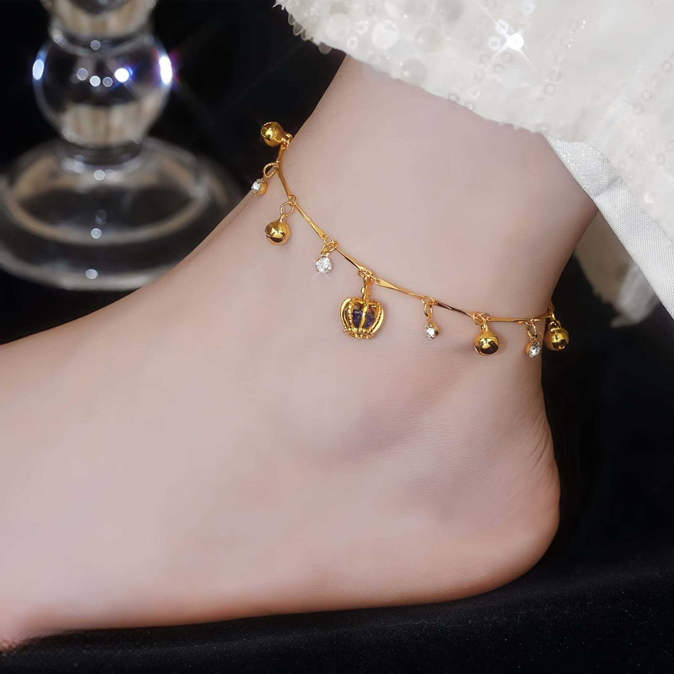 Gold Bell Crown Anklet – Diamond Thin Chain, No Fade