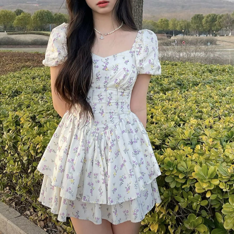 French Floral Grape Purple Off-Shoulder Short Dress