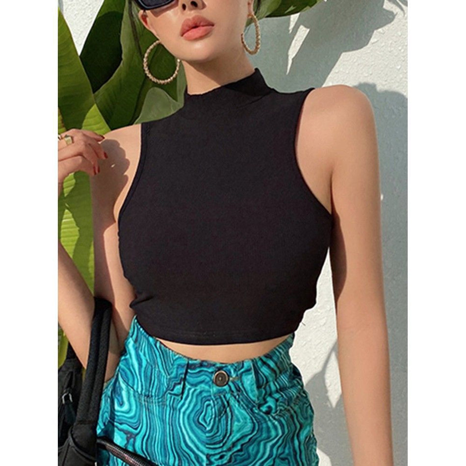 Hot Girl Sleeveless Crop Vest | Half-Turtleneck, Summer Streetwear