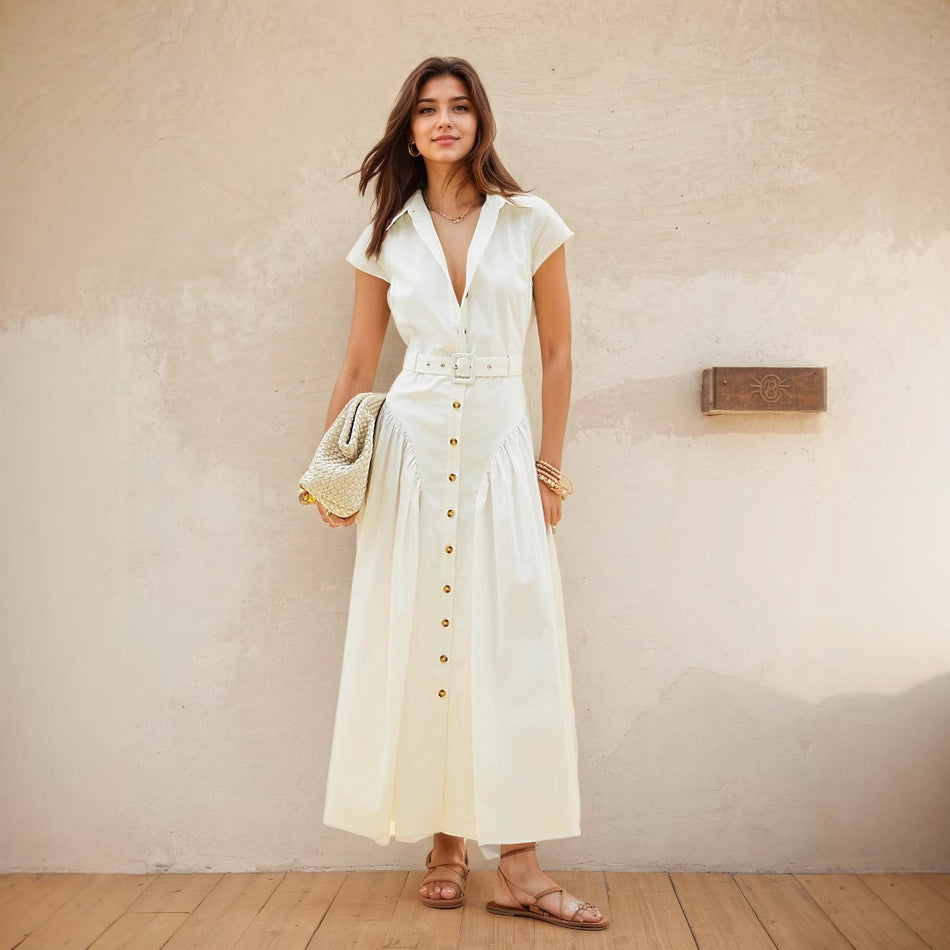 French Lapel Single-Breasted Slim-Fit Long Dress – Summer Chic
