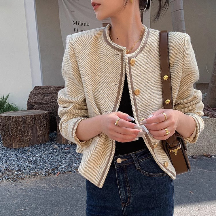 Khaki Small Fragrant Style Short Coat Women
