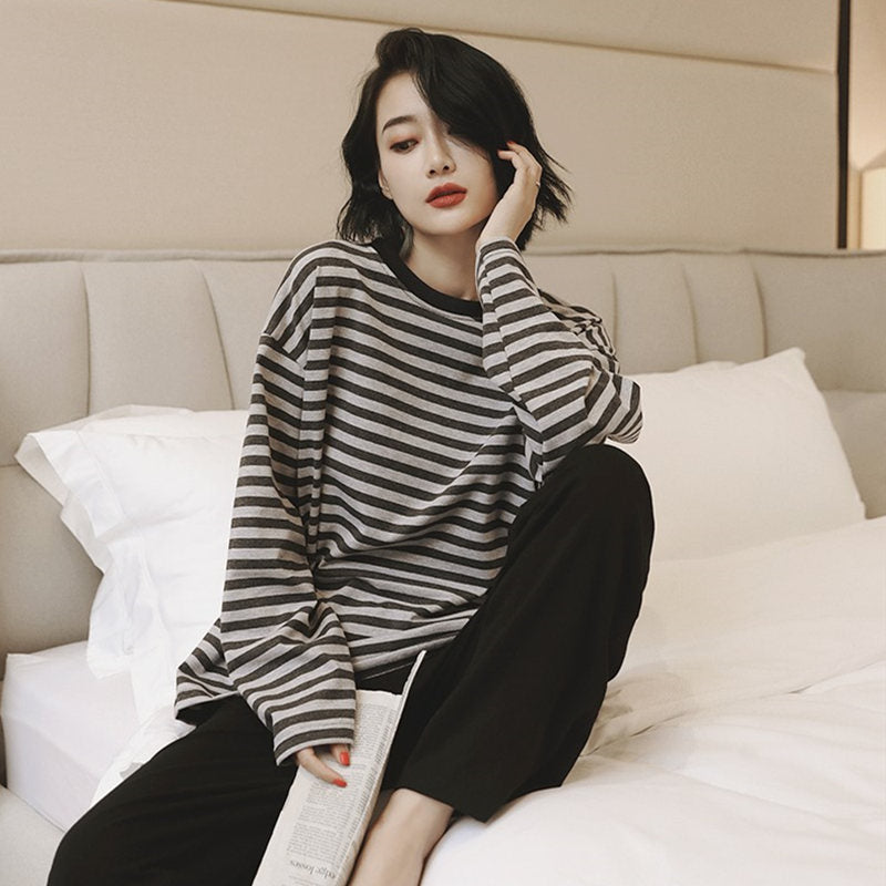 Korean Striped Pajama Set – Sweet Loose Fit for Spring/Autumn