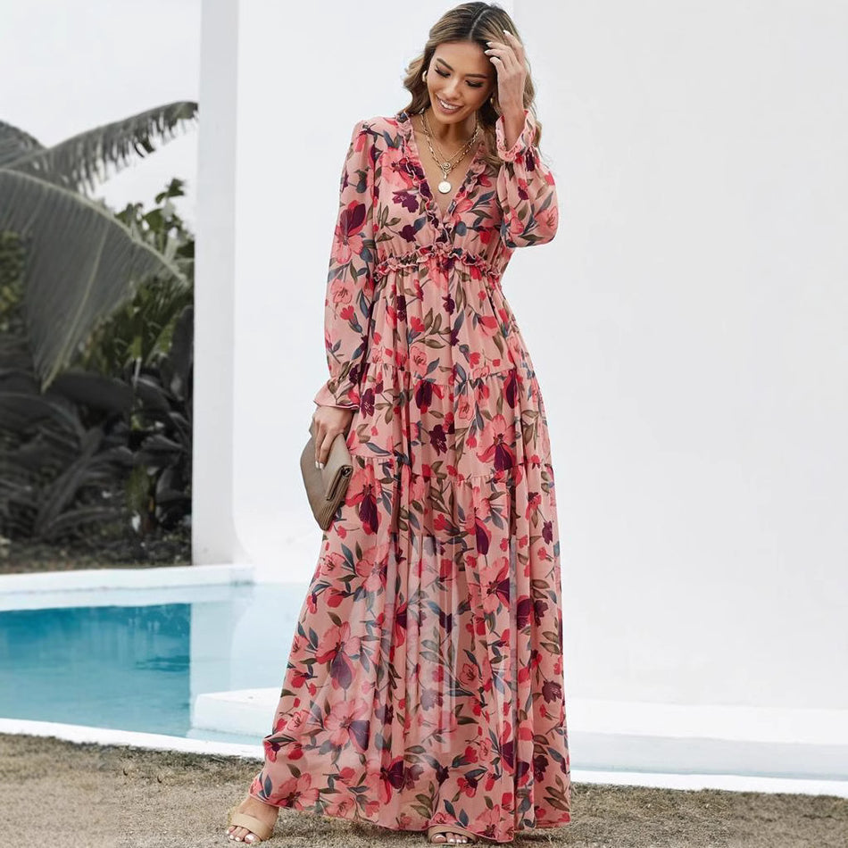 Long Sleeve Printed Evening Dress