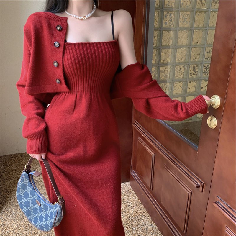Korean Style Knitted Cardigan & Suspender Dress Set