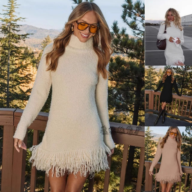 Tassel Knit Turtleneck Sweater Dress