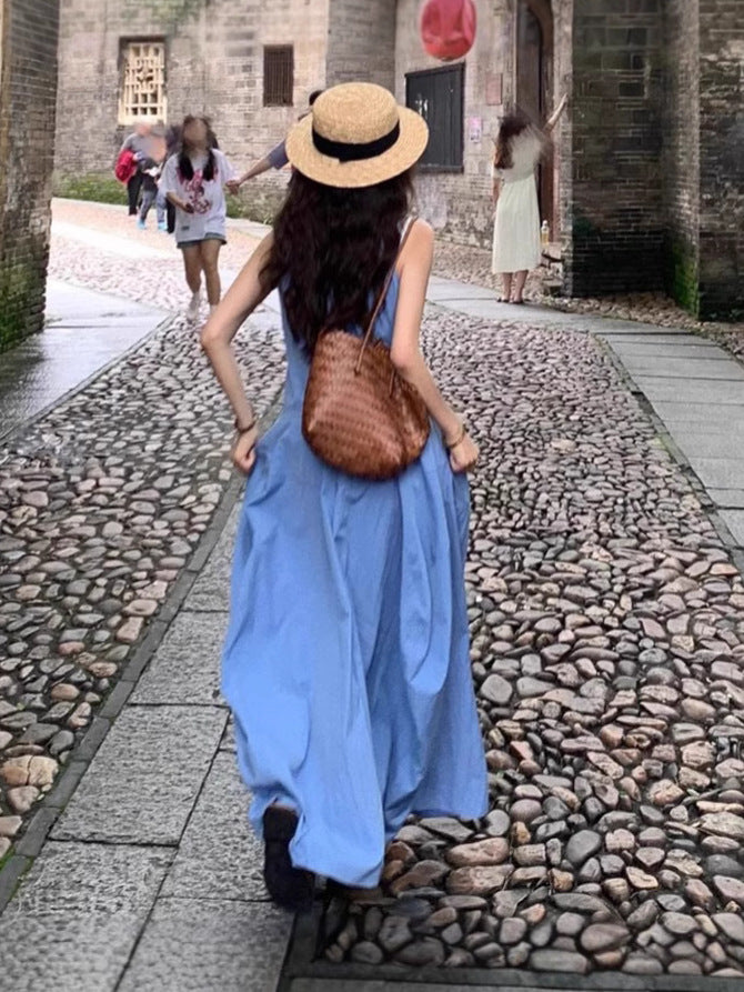 Blue Sleeveless French Style Long Vacation Dress