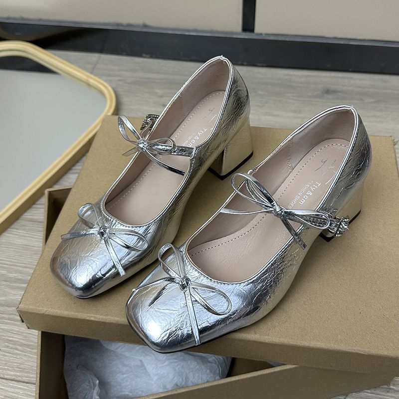 Silver Mary Jane Mid Heel Shoes for Women