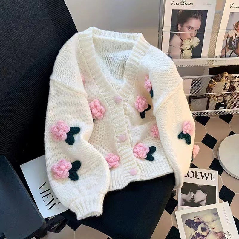 Women’s Korean-Style Sweet Flower Knit Cardigan