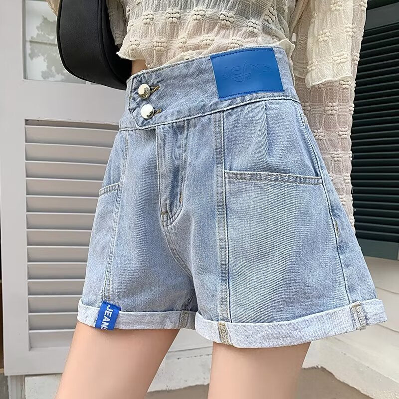 Light Blue High Waist Curl Denim Shorts
