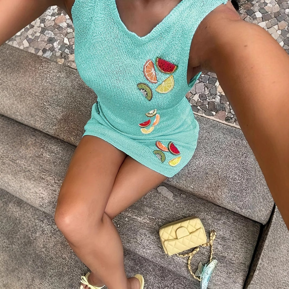 Yangyang Summer Knitted Fruit Embroidered Suspender Dress