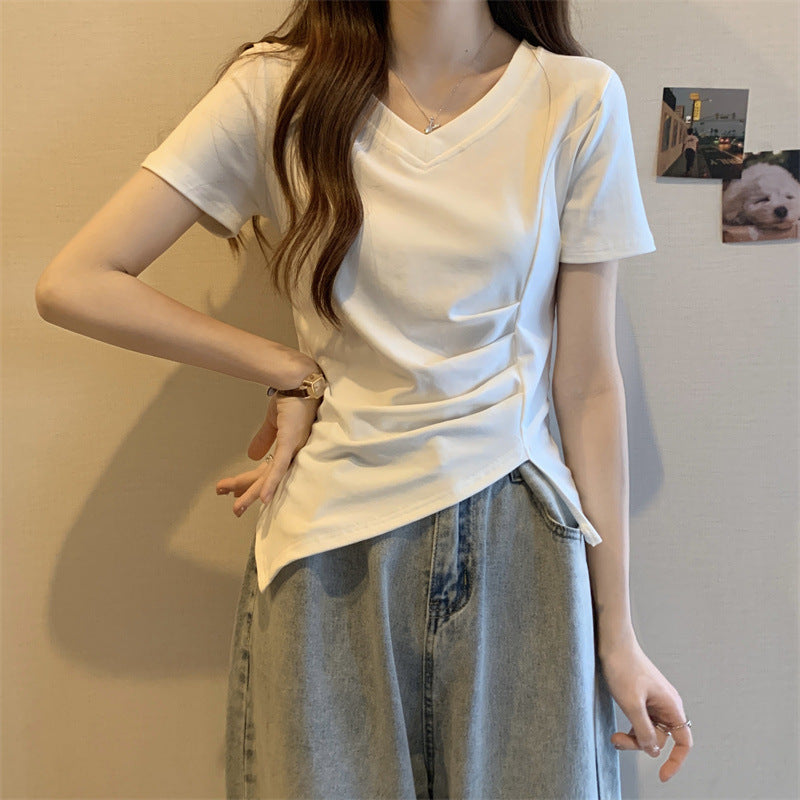 Women's Pink V-Neck T-Shirt – Pleated Waist & Stylish Split